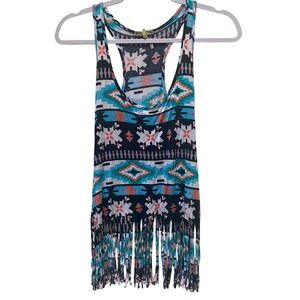 Kirra S Fringe Trim Festival Tank Top‎ Black Blue Southwestern 2016 Coachella